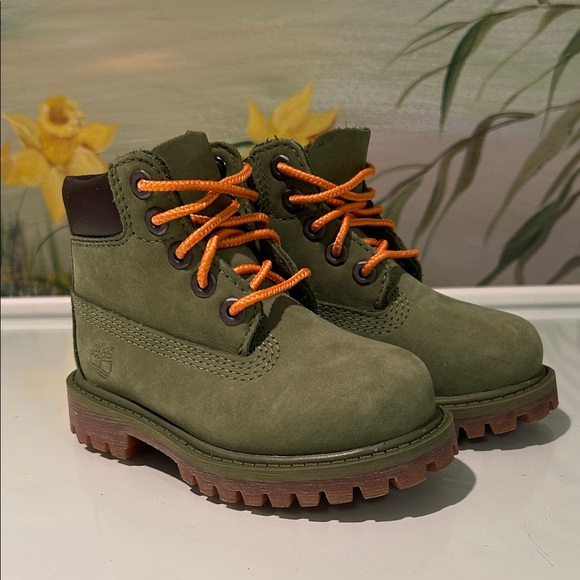 Timberland Toddlers Premium 6” Waterproof Olive Boots with Orange Laces